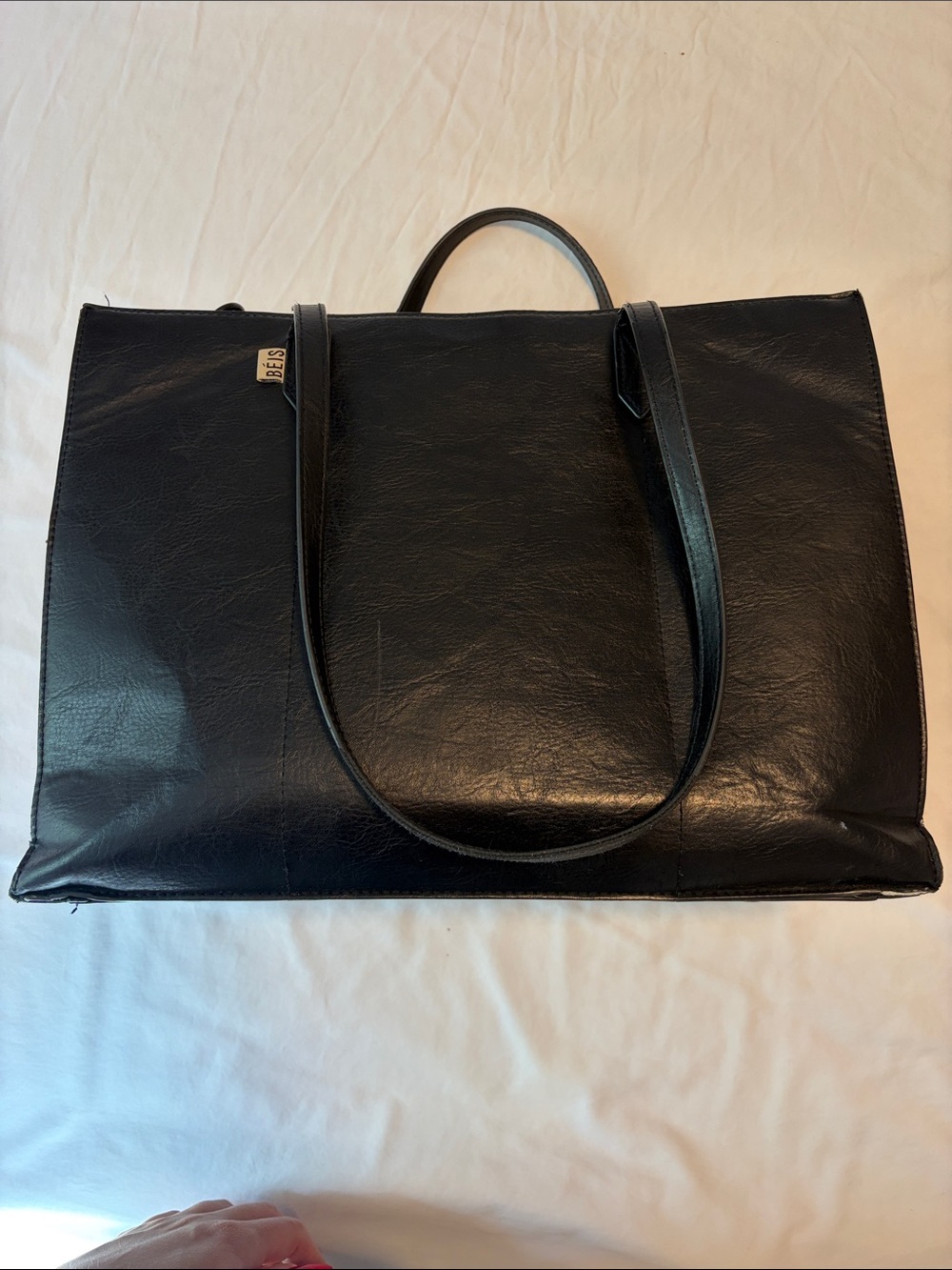 BEIS Black Leather Tote with Top Handle and Shoulder Straps